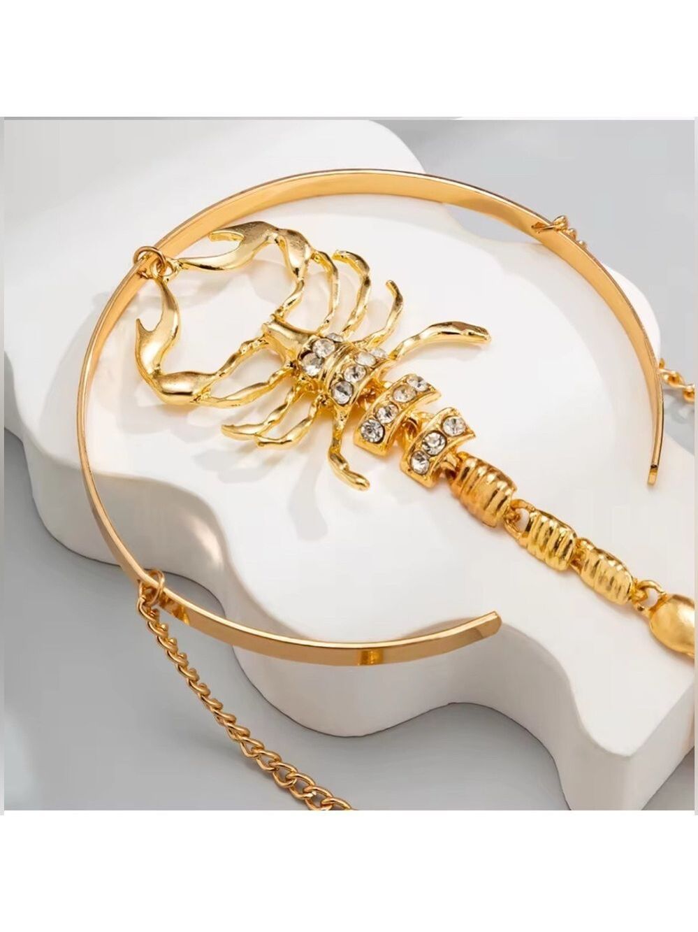 New Gold Scorpion Upper High Arm Cuff Bracelet w/ Rhinestone & Chain Accents - Picture 8 of 11